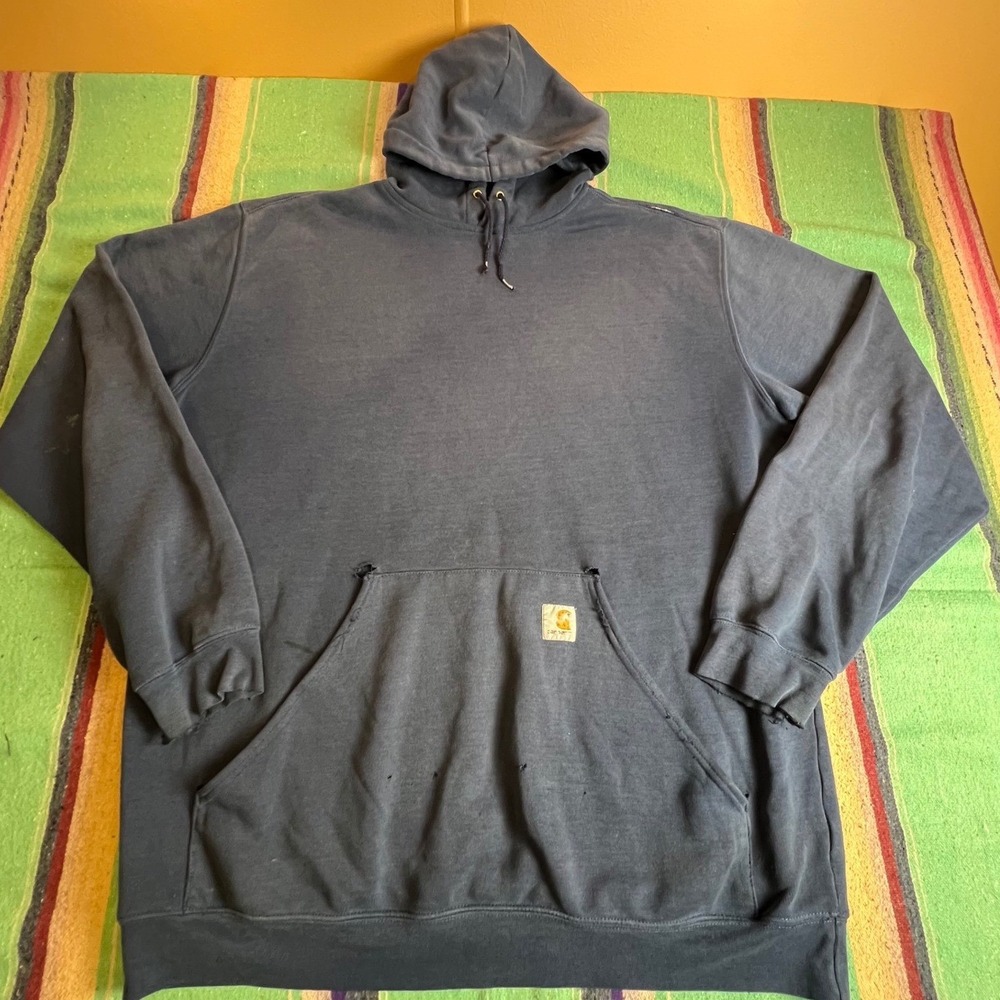 Carhartt Hoodie Mens Large Tall Navy Blue Distressed Pullover Work Sweatshirt